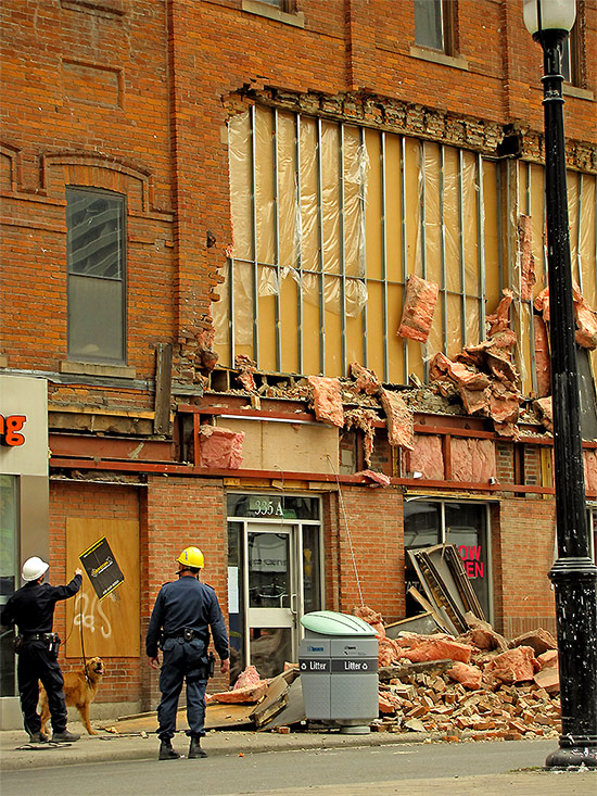 collapsed wall, yonge, gould, street, ryerson university, emergency services, dog team, toronto, city, life